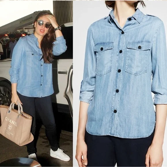 Zara EUC Chambray Denim Shirt Roll Up 3/4 Sleeves Patch Pockets Size XS Blue - Picture 2 of 7